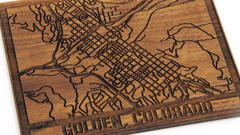 walnut laser engraved map of golden, colorado