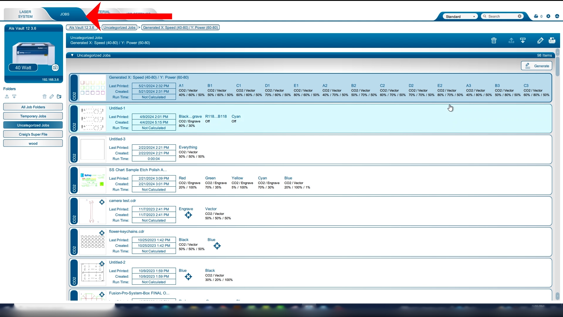 navigating the Epilog Laser Dashboard software