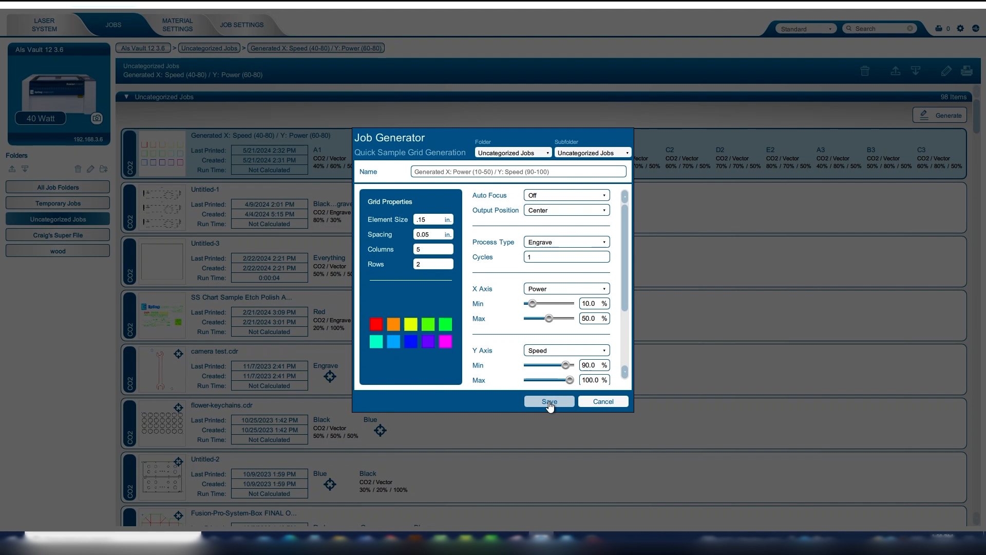 setting parameters in the Epilog Laser Dashboard