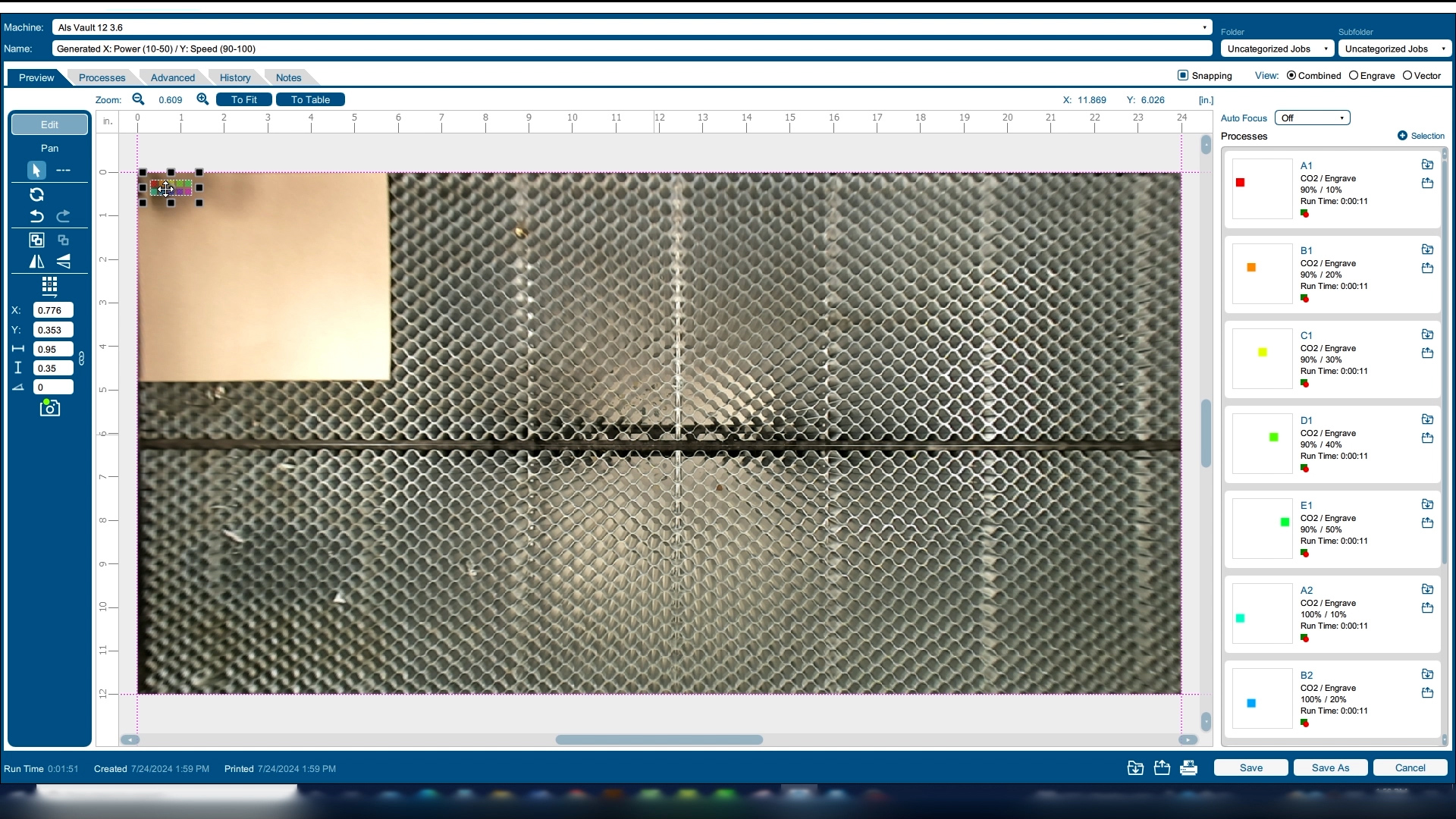 setting up a test engraving in the Epilog Laser Dashboard