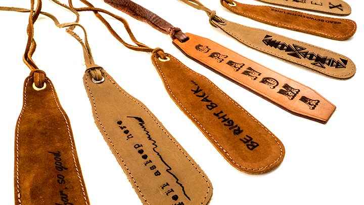 custom laser engraved leather bookmarks close up detail