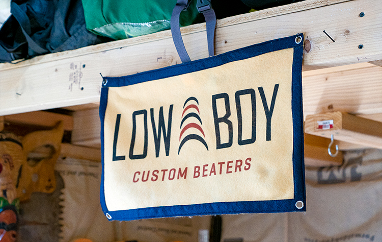 Canvas sign in Low Boy Custom Beaters workshop.