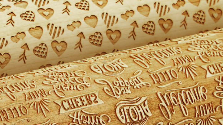 custom laser engraved wooden rolling pins close up