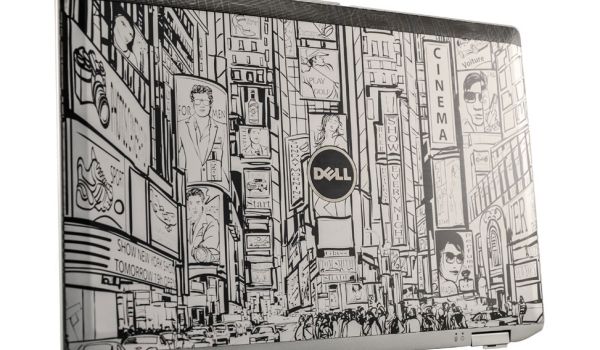 Dell laptop engraved with NYC stylized artistic city scape