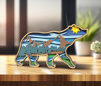 multi-layered sign of an artistic bear with mountain scene